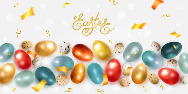 Velikonoční pozadí s malovanými realistické kuře a Křepelčí vejce. Slavnostní vektorové ilustrace — Stockový vektor