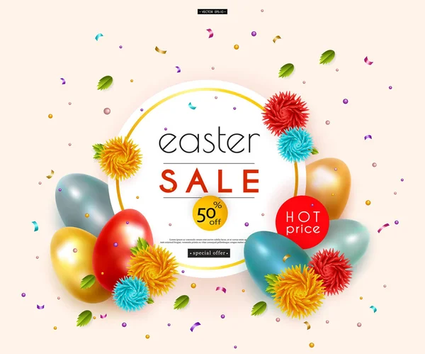 Easter sale. Advertising banner with chicken and quail eggs, confetti and serpentine. Vector — Stock Vector