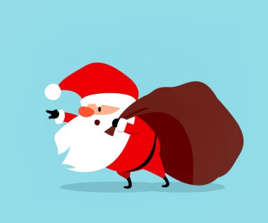Komik Noel Baba hediye ile büyük bir çanta sürükler. Noel vektör çizim yılbaşı kurumsal tasarım reklam, afiş, broşür, el ilanı için uygun