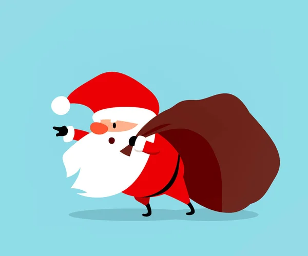 Komik Noel Baba hediye ile büyük bir çanta sürükler. Noel vektör çizim yılbaşı kurumsal tasarım reklam, afiş, broşür, el ilanı için uygun — Stok Vektör