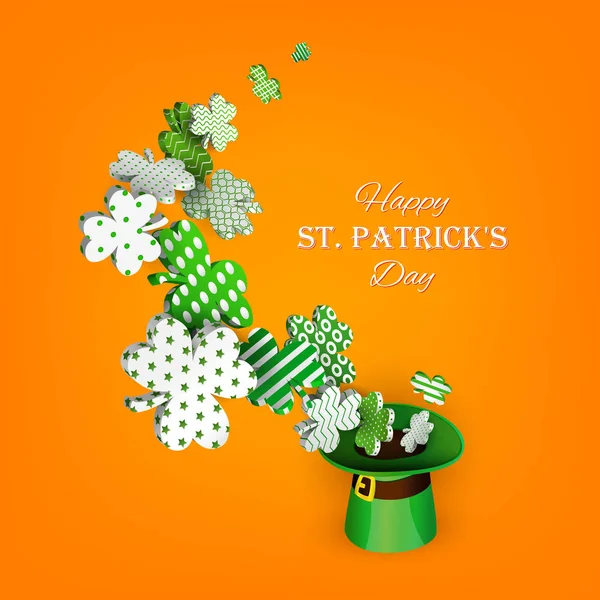Día de San Patricio. Tradicional sombrero de duende verde y hojas de trébol 3d con patrones geométricos. Ilustración vectorial — Vector de stock