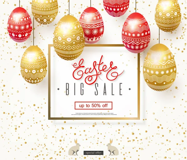 Easter sale banner. Elegant design of advertising holiday discounts. Realistic gold and red Easter eggs decorated with ornaments. Square frame with text. Bunny. Lettering. Vector illustration