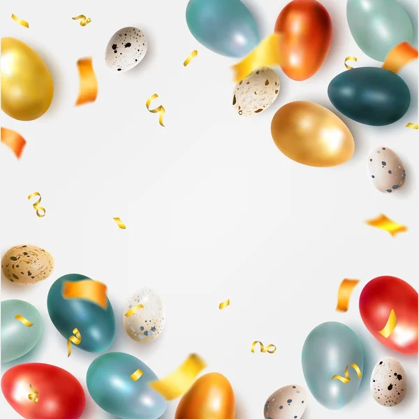 Tarjeta de Pascua con huevos de pollo realistas de colores y codorniz. Ilustración vectorial festiva adecuada para el diseño de pancartas publicitarias, panfletos, carteles, carteles, volantes. Vector — Archivo Imágenes Vectoriales
