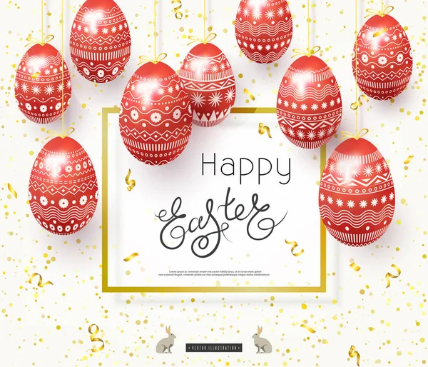 Banner de venta de Pascua. Huevos de Pascua rojos realistas pintados decorados con adornos. Vector — Vector de stock