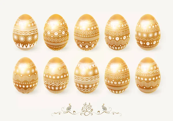 Happy Easter. A set of golden Easter eggs with a delicate ornament. Isolated 3D objects. Easter bunny, lettering, vector illustration — Stock Vector