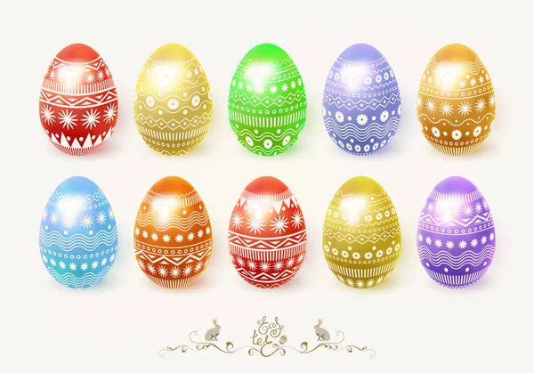 Joyeux Pâques. Un ensemble d'œufs de Pâques colorés avec un ornement délicat. Objets 3D isolés, lapin, lettrage. Illustration vectorielle — Image vectorielle