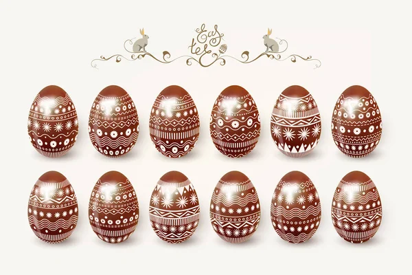 Joyeux Pâques, Conception festive élégante, Oeufs de Pâques en chocolat, réaliste, ensemble, décoré avec ornement, Lapin, Lettrage, Vecteur — Image vectorielle