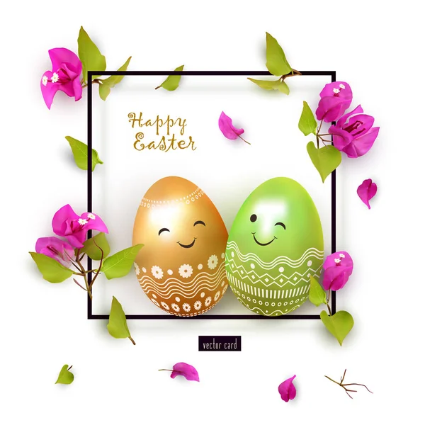 Šťastné Velikonoce banner, elegantní slavnostní design, Velikonoční vejce, Rodina, děti, chlapec a dívka, skupiny animované postavičky, tropické květiny, rám. Vektorové ilustrace — Stockový vektor