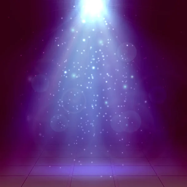 Mor ve mavi sahne ışıkları, ray, sis, duman, Disco, ışık etkisi. Kış, yeni yıl, Noel. Vektör çizim — Stok Vektör