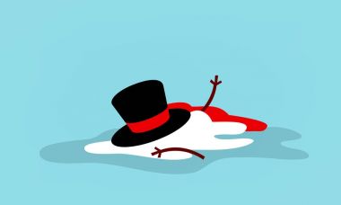 Erken ilkbaharda, Snowman eridikten. Mavi bir arka plan üzerinde mevsimlik tasarım izole nesnesi. Vektör çizim