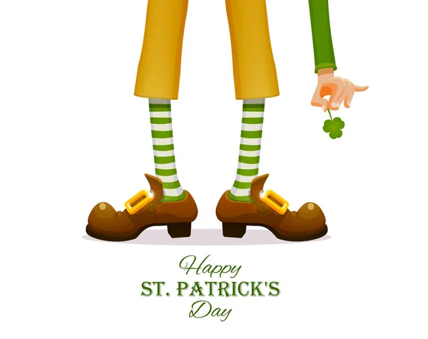 Dia de São Patrício. Pernas de um duende e a mão de Patrick com um trevo de trevo. Ilustração do vetor humorístico para design festivo —  Vetores de Stock