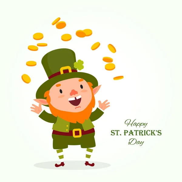St.Patrick na den. Skřítek, tradiční národní charakter irského folkloru, žongluje s zlaté mince. Sváteční kolekce. Izolované na bílém pozadí. — Stockový vektor