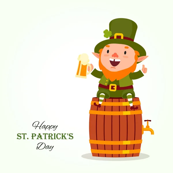 Día de San Patricio. El duende se sienta en un barril con una pinta de cerveza en la mano. Carácter nacional tradicional del folclore irlandés. Aislado sobre fondo blanco . — Vector de stock