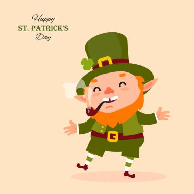 Cüce cin sigara bir boru, gülüyor ve dans etmek. St.Patrick'ın gün. Festival koleksiyonu. Vektör çizim