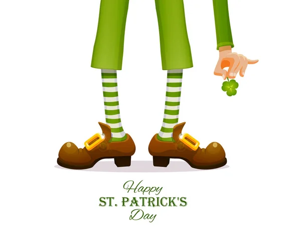 Dia de São Patrício. Pernas de um duende e a mão de Patrick com um trevo de trevo. Ilustração do vetor humorístico —  Vetores de Stock