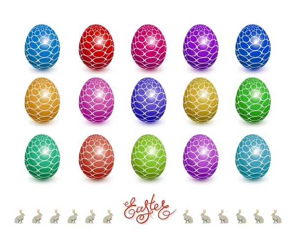 Glad påsk. En uppsättning 3d färgade ägg med prydnad. Bokstäver, påsk kanin. Vektorillustration — Stock vektor