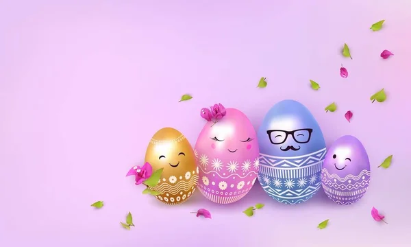 Feliz Pascua. huevo pintado 3d. Familia de huevos: padre, madre e hijos. Flores, hojas, pétalos. Lindo fondo de Pascua. Copia espacio para texto. Ilustración vectorial — Vector de stock