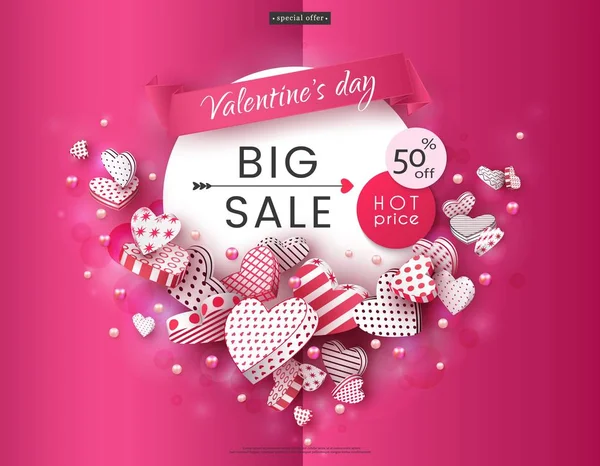 Dia dos Namorados, grande venda. Um belo banner publicitário com corações 3d caindo e mensagem. Ilustração vetorial — Vetor de Stock