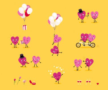 Hareketli Kalpler, sevgi dolu bir adam ve bir kız farklı durumlarda bir dizi. Karakter, Sevgililer günü izole grubu. Vektör çizim