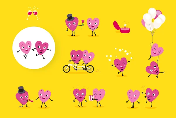 Un conjunto de corazones animados, un chico cariñoso y una chica en diferentes situaciones. Grupos aislados de personajes, Día de San Valentín. Ilustración vectorial — Archivo Imágenes Vectoriales