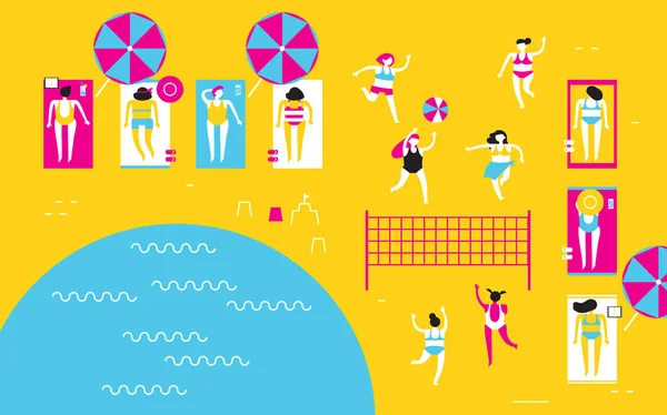 Las niñas en trajes de baño tomar el sol en la playa y jugar voleibol de playa. Ilustración plana abstracta de tendencia para la publicidad de recreación estacional y turística. CMYK. Vector — Vector de stock
