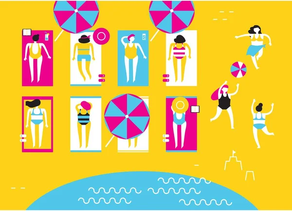 Las niñas en trajes de baño tomar el sol en la playa y jugar voleibol de playa. Ilustración plana abstracta de tendencia para la publicidad de recreación estacional y turística. CMYK. Vector — Vector de stock