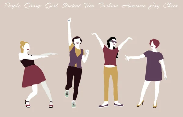 Groep van meisjes, studenten, tieners dansen. Trendy geïsoleerde mensen tekens op een beige achtergrond. Platte ontwerp. Vectorillustratie — Stockvector