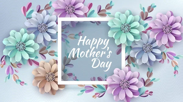 Abstracte feestelijke achtergrond met bloemen en een rechthoekig Frame. Happy Mother's Day. Vrouwendag, 8 maart. Papieren bloemen groet Card. Vector illustratie knippen — Stockvector