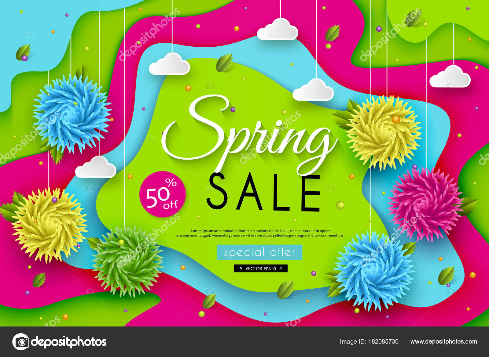 Spring sale. Bright advertising background with flowers, clouds, text. The  effect of cut paper. Discount banner design. Online shopping. Vector  illustration Stock Vector Image by ©SMSka #182085730