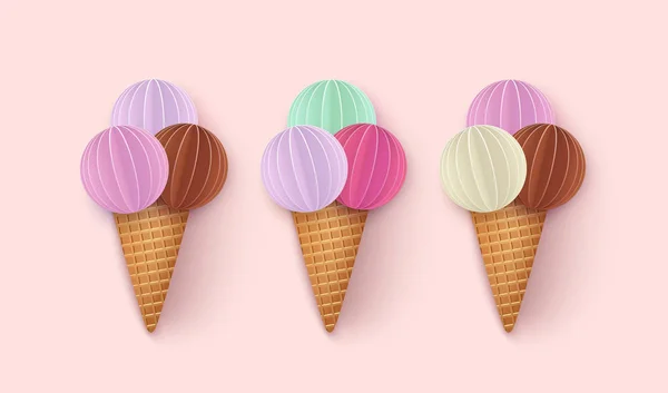 一套冰淇淋牛角, 强力粉彩。孤立的3d 对象为广告冰淇淋, 假期, 夏季时间。剪纸。矢量插图 — 图库矢量图片
