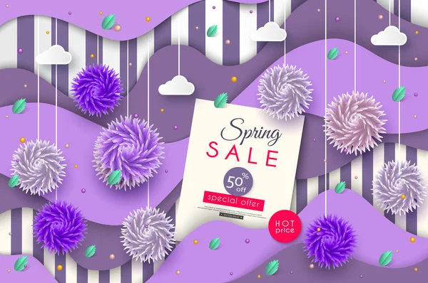 Banner di vendita primavera per banner pubblicitari, poster, promozione, sito web, shopping online. Tagli lo stile artistico di carta. Fiori astratti 3d. Sconto stagionale. Illustrazione vettoriale — Vettoriale Stock