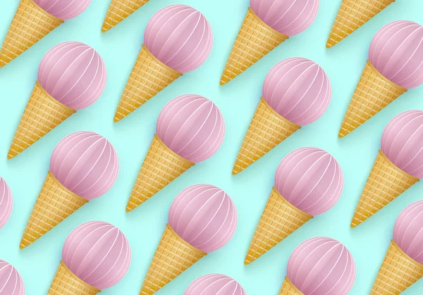 Fundo de cone de sorvete, 3D, estilo pastéis punchy. Padrão regular com imagens abstratas de sorvete no estilo de corte de papel. Conceito mínimo de comida de verão. Ilustração vetorial —  Vetores de Stock