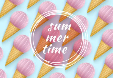 Yaz aylarında dondurma koni arka plan, 3d, Punchy pastel stili. Normal desen kağıdı tarzı kesin. Minimalist yaz gıda kavramı. Vektör çizim.