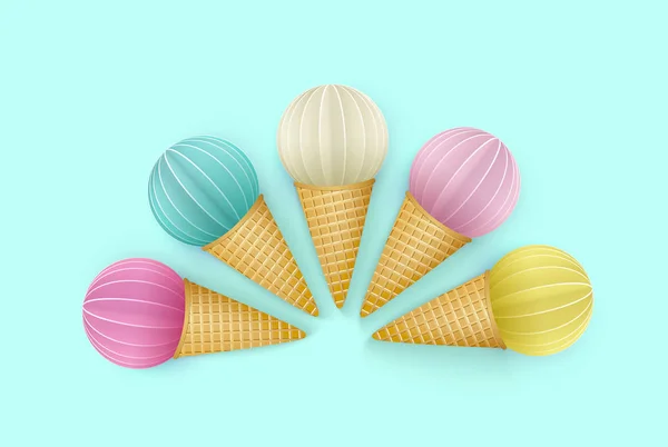 Conjunto de gelado de cone, pastéis picantes. Objetos 3D isolados para publicidade de sorvete, férias, horário de verão. Corte de papel. Ilustração vetorial —  Vetores de Stock