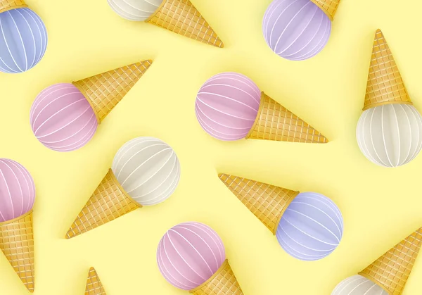 Verão, fundo de cone de sorvete, 3D, estilo pastéis punchy. Padrão regular, estilo de corte de papel. Conceito mínimo de comida de verão. Ilustração vetorial —  Vetores de Stock
