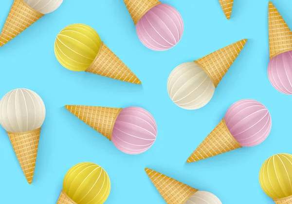 Verão, fundo de cone de sorvete, 3D, estilo pastéis punchy. Padrão regular, estilo de corte de papel. Conceito mínimo de comida de verão. Ilustração vetorial . —  Vetores de Stock