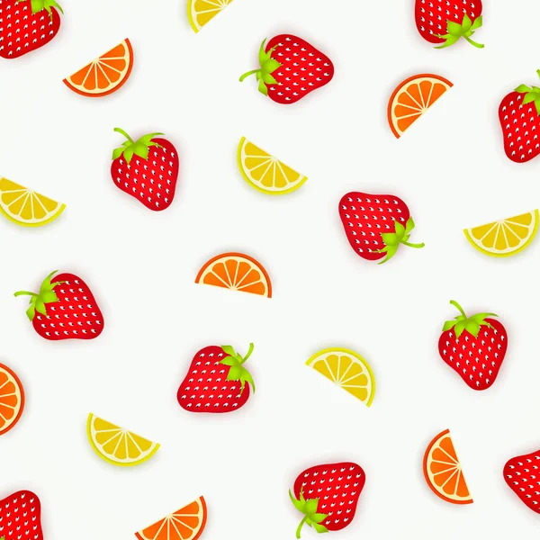 イチゴ、オレンジ、レモンのカラフルなパターン。フルーツ、ミニマリズム ・ スタイルの抽象的なイメージ。平面図です。夏の料理のコンセプトです。ベクトル図 — ストックベクタ