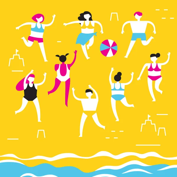 Hombres y mujeres en trajes de baño juegan voleibol de playa. Ilustración plana abstracta de moda para la publicidad recreación estacional y turística. CMYK. Vector — Vector de stock
