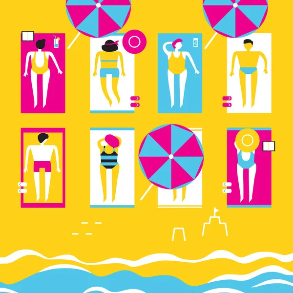 Hombres y mujeres en trajes de baño tomar el sol en la playa. Ilustración plana CMYK. Vector — Vector de stock