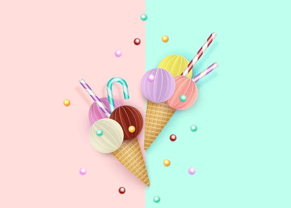 Cono de helado, fondo, 3D, pastel. Estilo de corte de papel. Concepto minimalista de comida de verano. Ilustración vectorial — Vector de stock