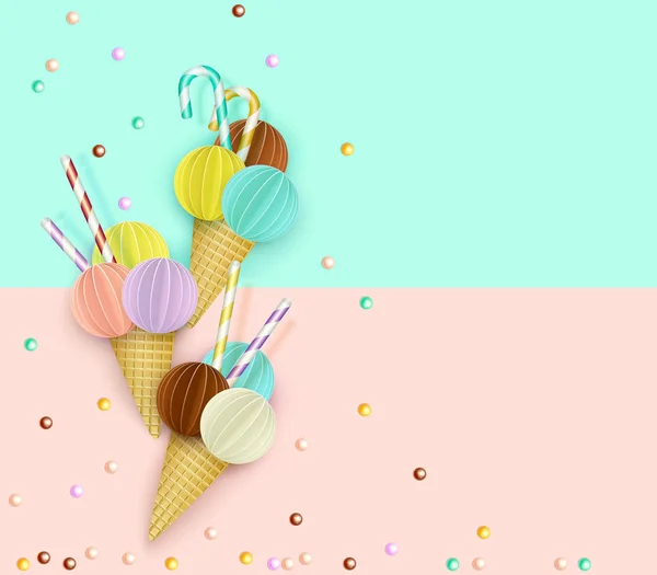 Cono gelato, sfondo, 3D, pastello. Stile di taglio carta. Minimalista concetto di cibo estivo. Illustrazione vettoriale — Vettoriale Stock