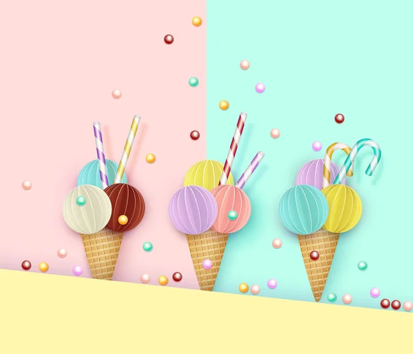 Παγωτό χωνάκι, φόντο, 3d, παστέλ. Κοπής χαρτιού στυλ. Καλοκαίρι μινιμαλιστική έννοια των τροφίμων. Εικονογράφηση διάνυσμα — Διανυσματικό Αρχείο