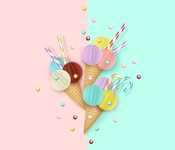 Cone de sorvete, fundo, 3D, pastel. Estilo de corte de papel. Conceito minimalista de comida de verão. Ilustração vetorial — Vetor de Stock