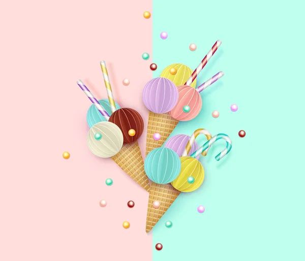 Cono gelato, sfondo, 3D, pastello. Stile di taglio carta. Minimalista concetto di cibo estivo. Illustrazione vettoriale — Vettoriale Stock