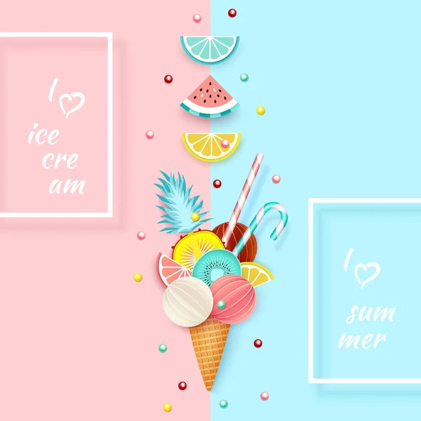 冰淇淋, 水果, 3d, 粉彩。抽象背景有冰淇淋锥、石灰、柠檬、橙、猕猴桃、西瓜的剪纸风格。简约柔和的夏日美食理念。矢量 — 图库矢量图片
