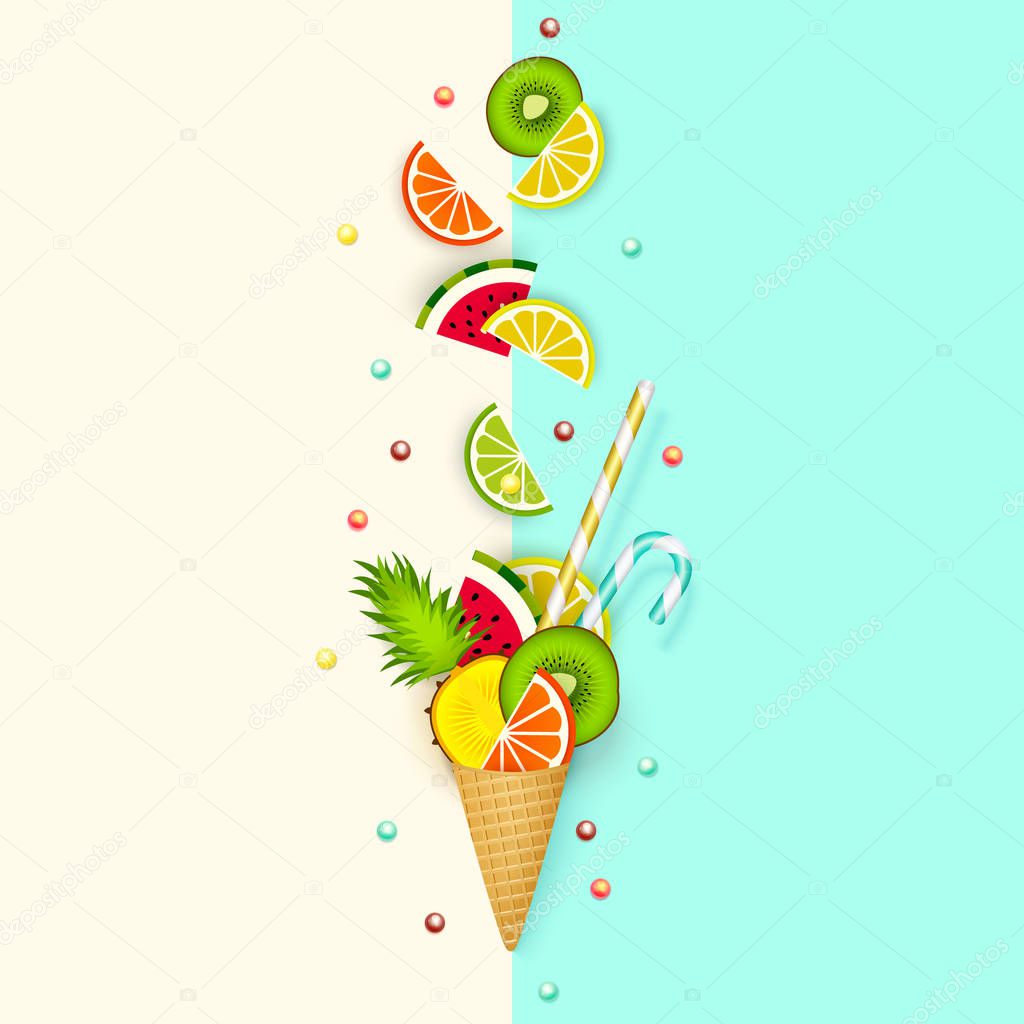 Ice cream, Fruit, 3D, Pastel. Abstract background with ice cream cone, lime, lemon, orange, kiwi, watermelon in paper cut style. Minimalist pastel summer food concept. Vector