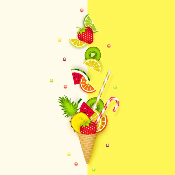 アイスクリーム、果物、3 d、パステル。アイス クリーム コーン、ライム、レモン、オレンジ、キウイと抽象的な背景紙でスイカのカット スタイル。シンプルなパステル カラーの夏食品のコンセプト。ベクトル — ストックベクタ