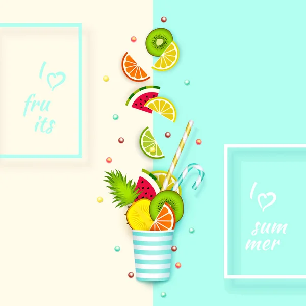 Cocktail of fruit falling in a glass, 3d, Pastel. Creative abstract background with place for advertising text, paper cut. Minimalist summer food concept. Vector illustration — Stock Vector