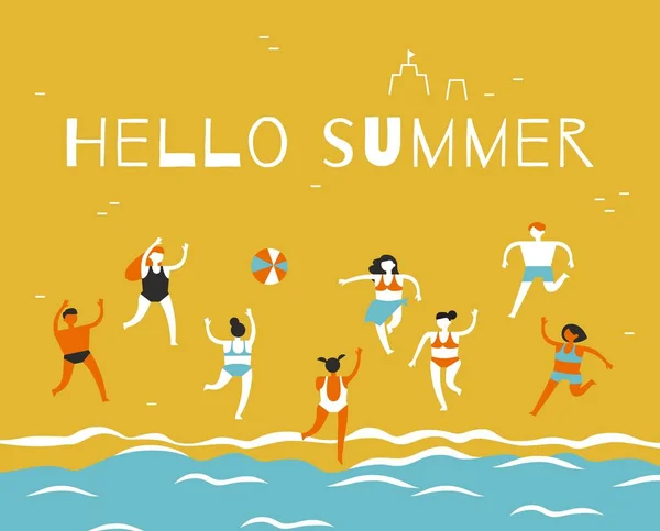 Мужчины и женщины в купальниках играют в пляжный волейбол. Модная абстрактная плоская иллюстрация для рекламы сезонного и туристического отдыха. CMYK. Вектор — стоковый вектор