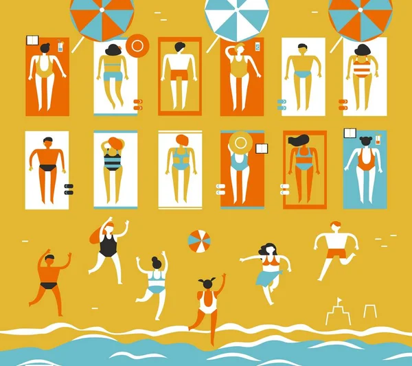 Hombres y mujeres en trajes de baño tomar el sol en la playa y jugar al voleibol de playa. Ilustración plana abstracta de tendencia para la publicidad de recreación estacional y turística. Vector — Vector de stock